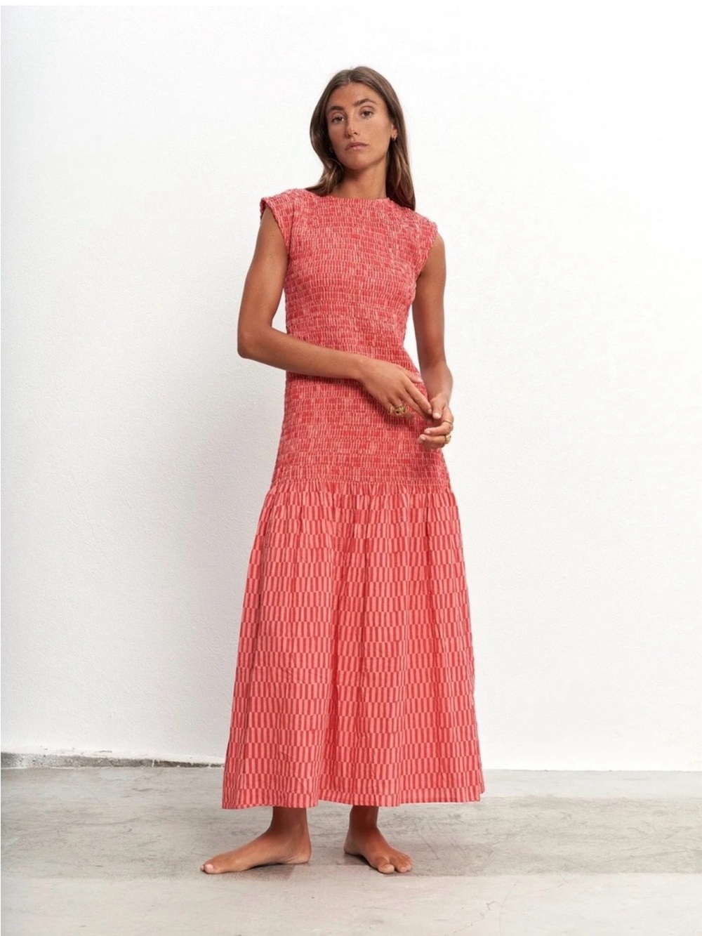Coral Smocked Maxi Dress with Cap Sleeves